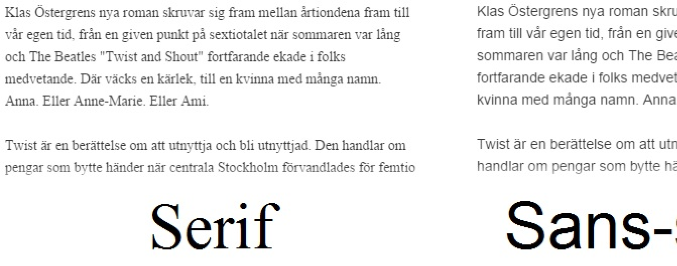 serif font vs sans-serif font demonstrerad för webb på adlibris boktext underlag